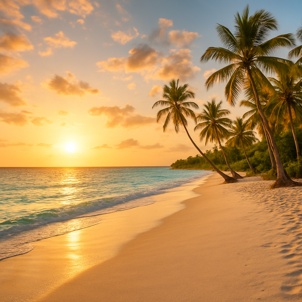 Pristine beachfront at sunset